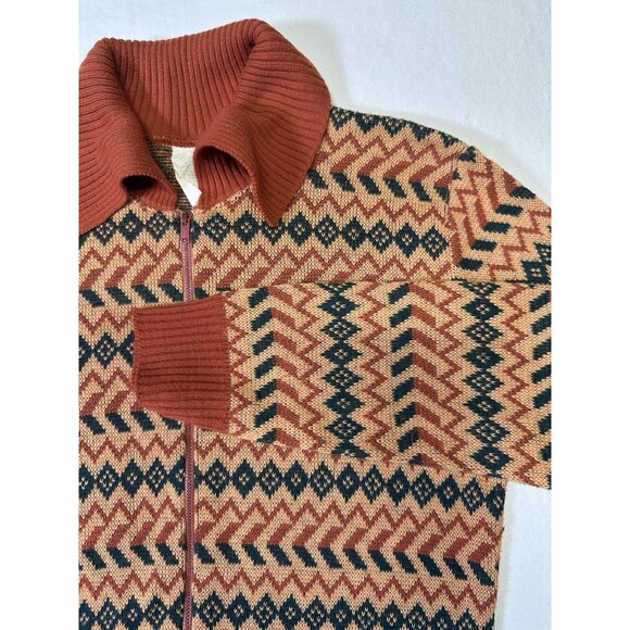 Vintage 70s Geometric Knit Wool Zip Cardigan Sweater Orange Black Chevron - Picture 3 of 7